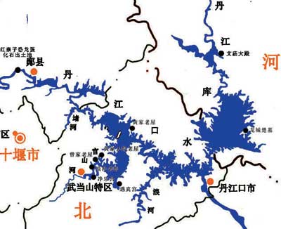 丹江口水库2010年示意图,黑点所示为在水位线以下的文物古迹.